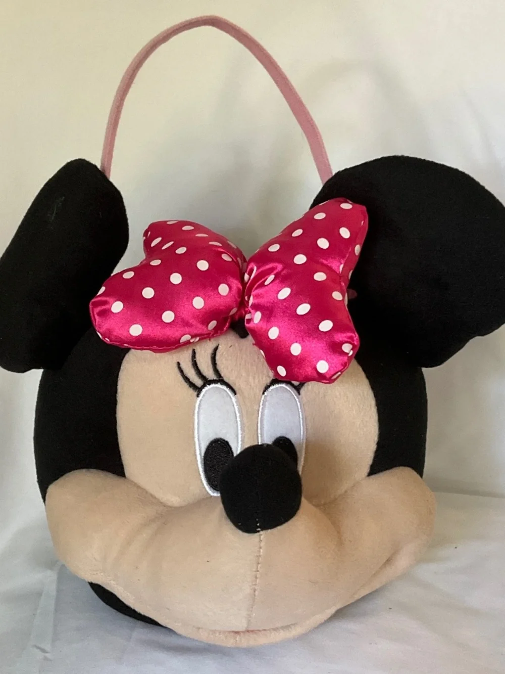 Disney Minnie Mouse Plush Head Basket Pink Polka Dot Bow Tote Easter Halloween